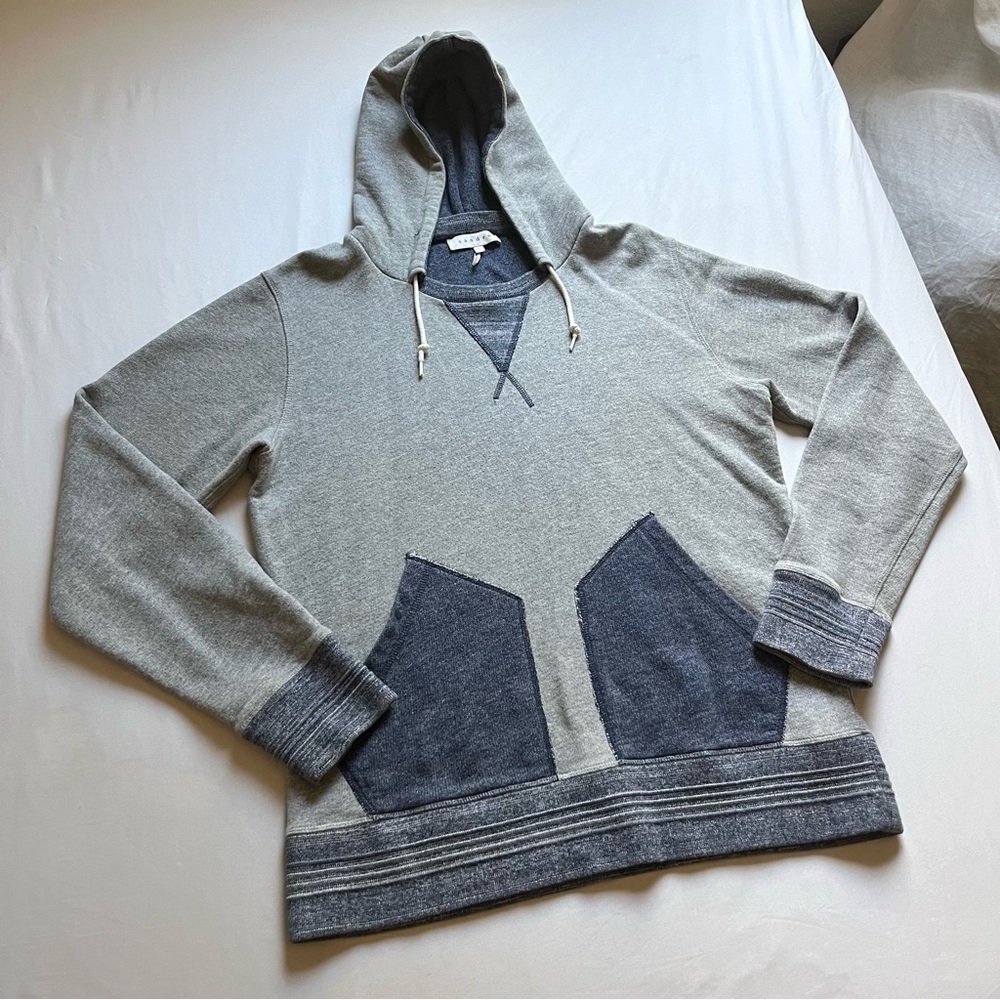 SANDRO PARIS heather grey blue contrast long sleeve kangaroo hoodie sweater